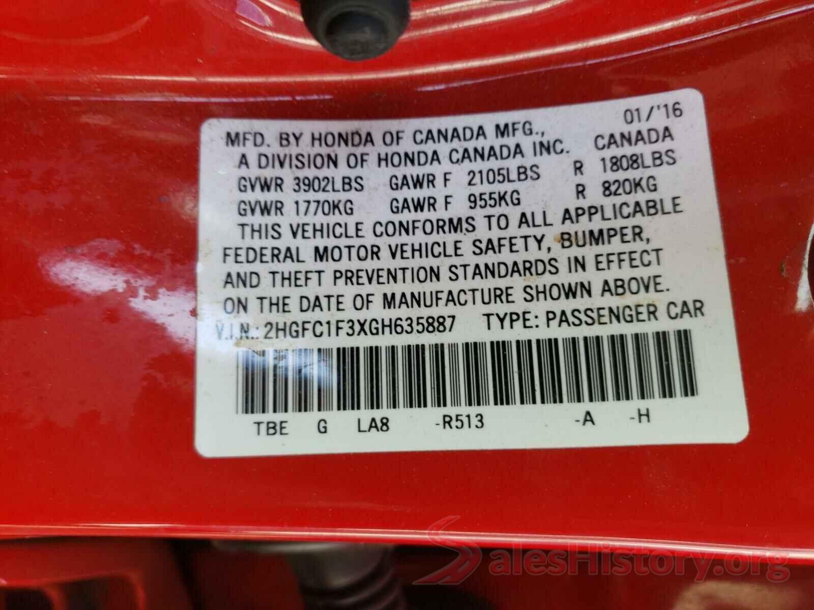 2HGFC1F3XGH635887 2016 HONDA CIVIC