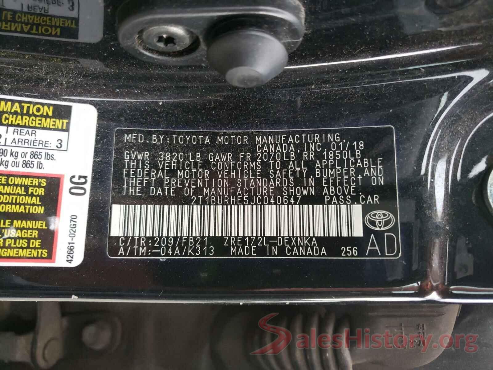 2T1BURHE5JC040647 2018 TOYOTA COROLLA