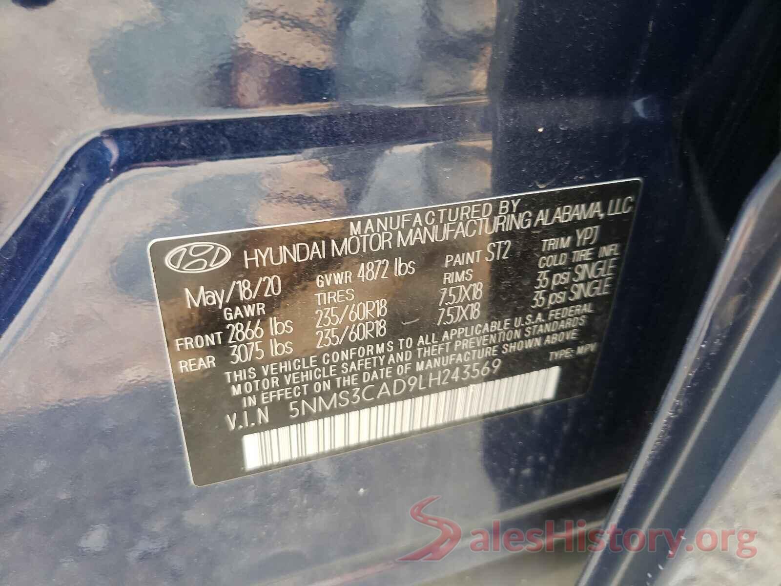 5NMS3CAD9LH243569 2020 HYUNDAI SANTA FE