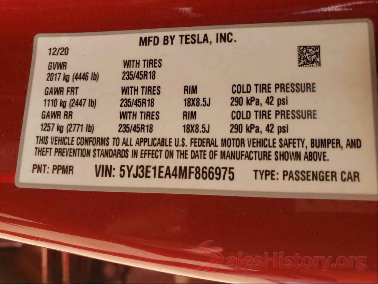 5YJ3E1EA4MF866975 2021 TESLA MODEL 3