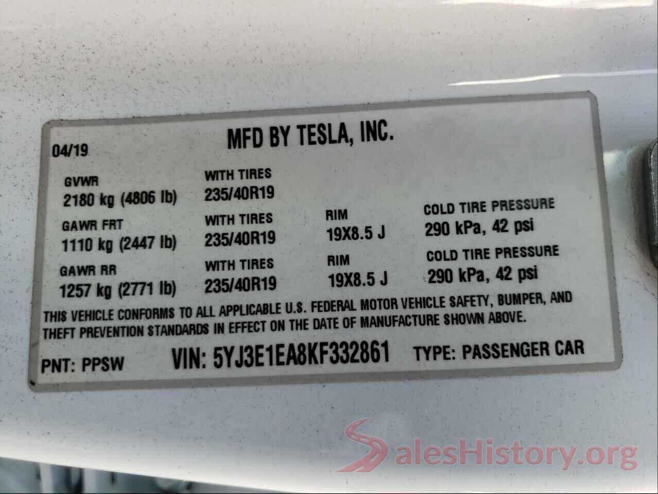 5YJ3E1EA8KF332861 2019 TESLA MODEL 3