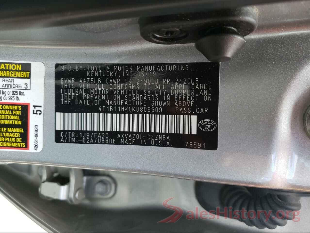 4T1B11HK0KU806509 2019 TOYOTA CAMRY