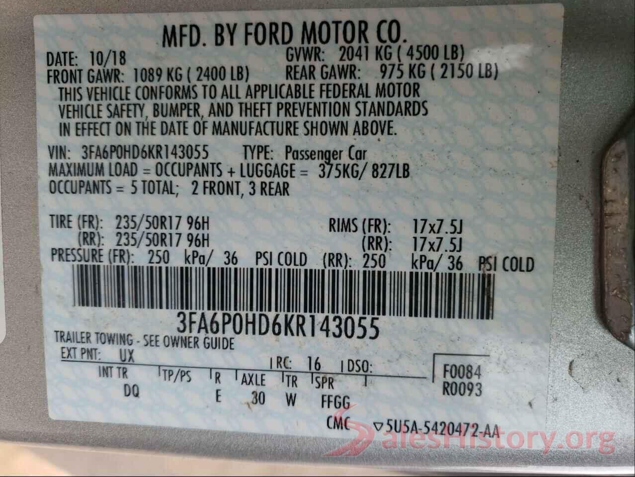 3FA6P0HD6KR143055 2019 FORD FUSION