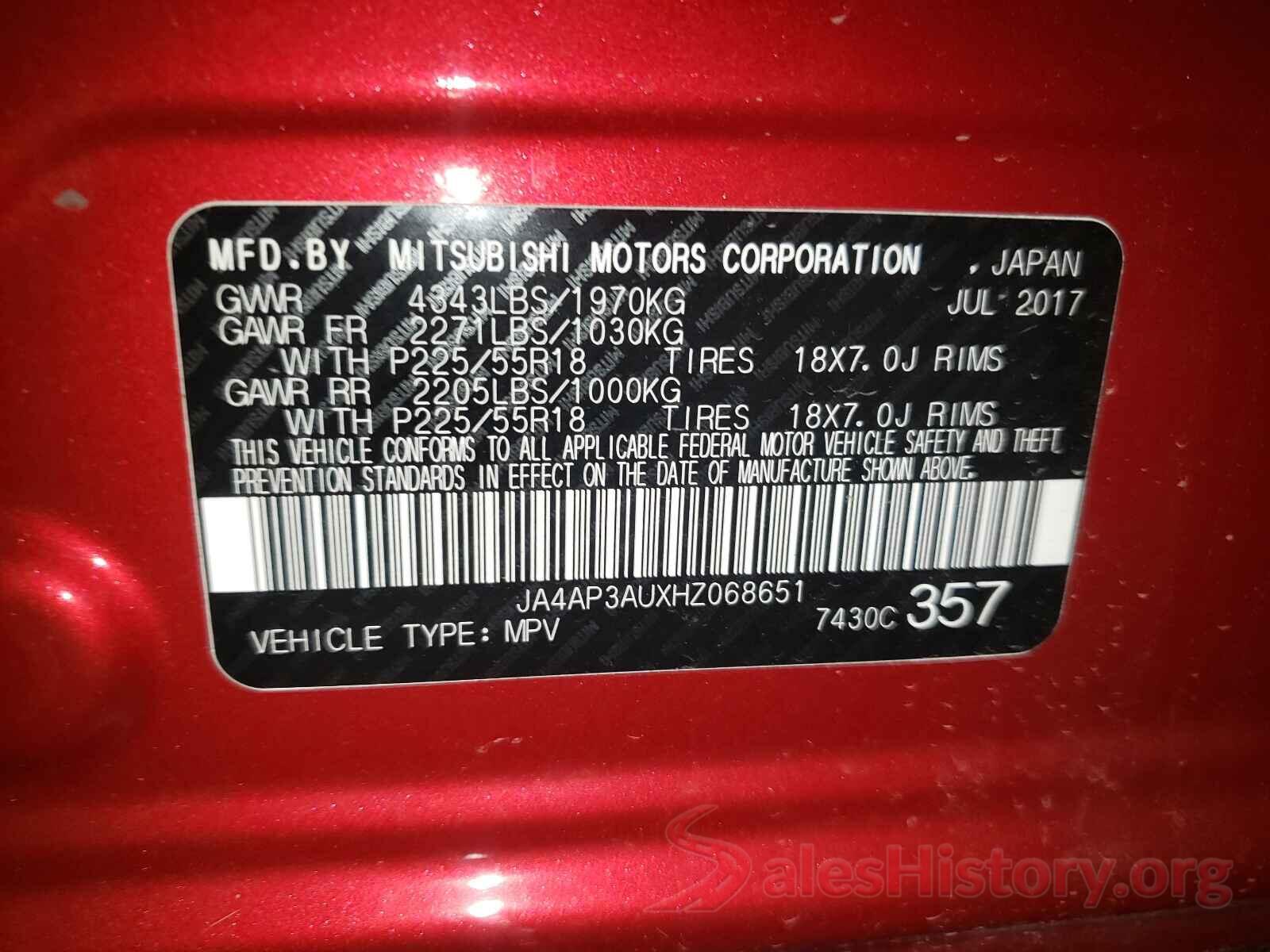 JA4AP3AUXHZ068651 2017 MITSUBISHI OUTLANDER