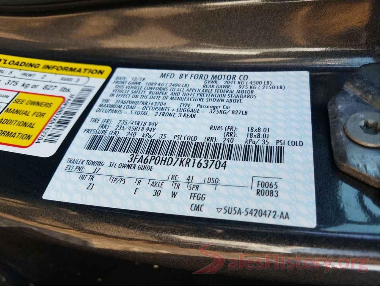 3FA6P0HD7KR163704 2019 FORD FUSION