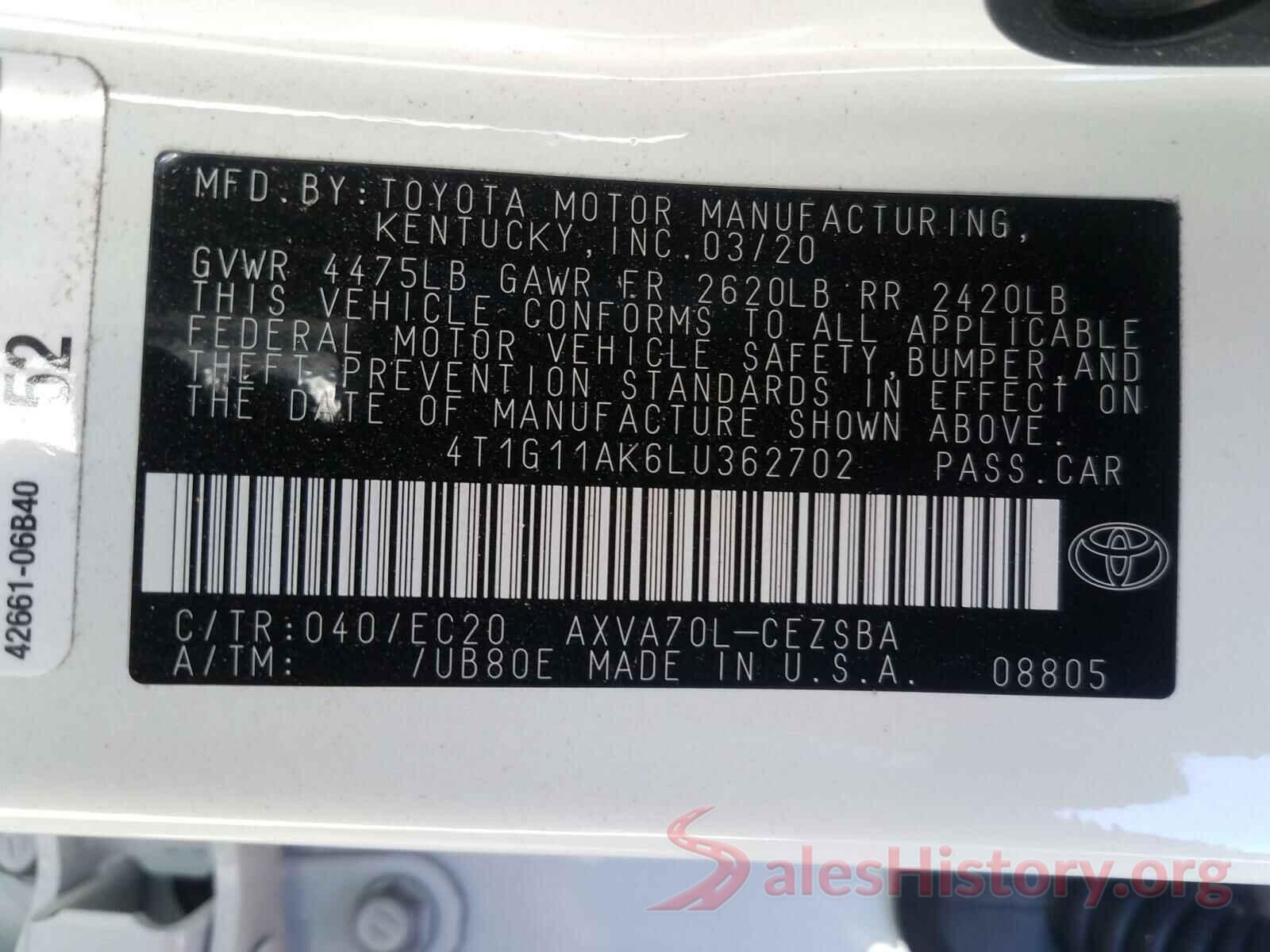 4T1G11AK6LU362702 2020 TOYOTA CAMRY