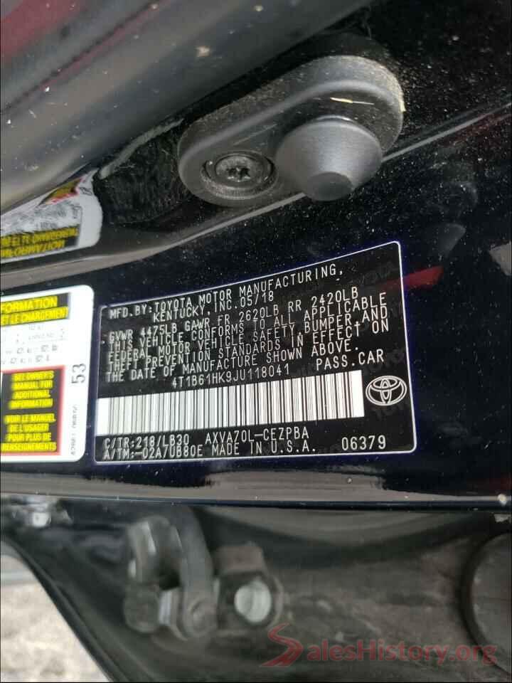 4T1B61HK9JU118041 2018 TOYOTA CAMRY