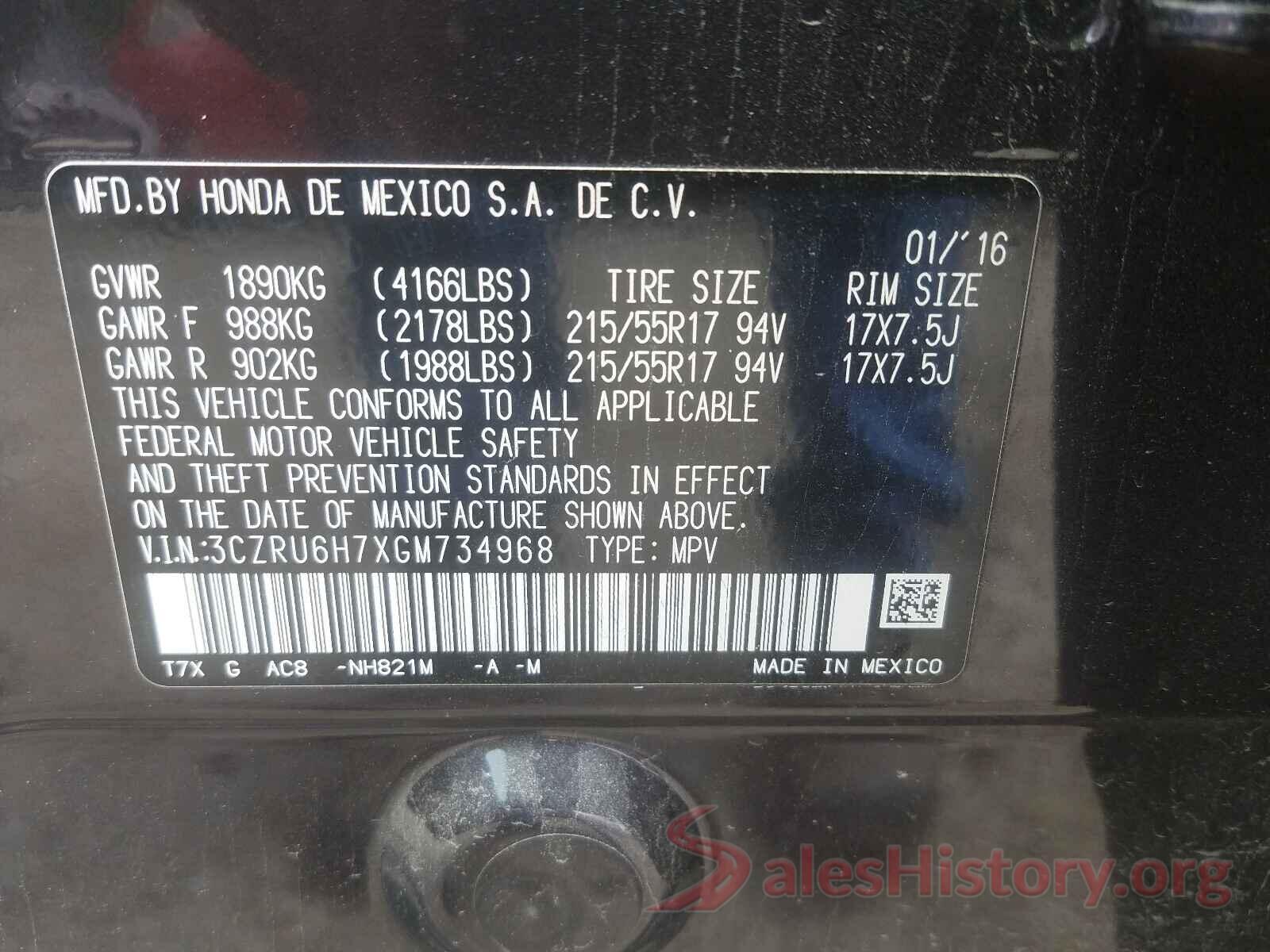 3CZRU6H7XGM734968 2016 HONDA HR-V