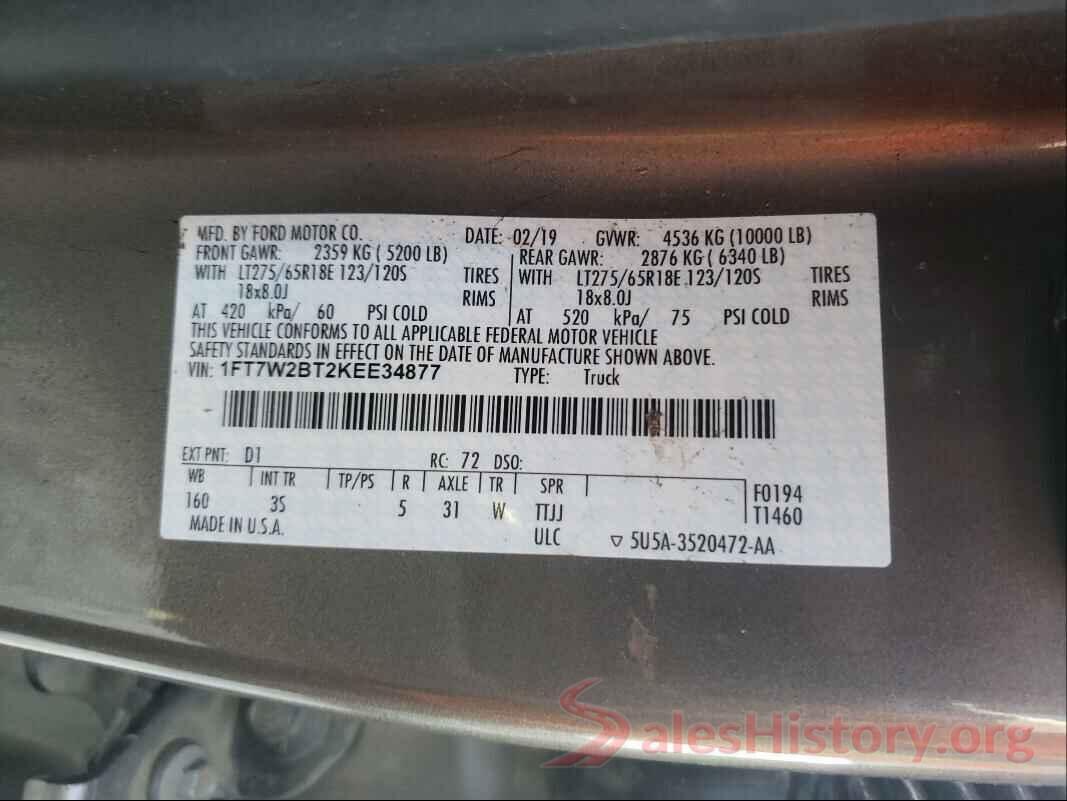 1FT7W2BT2KEE34877 2019 FORD F250