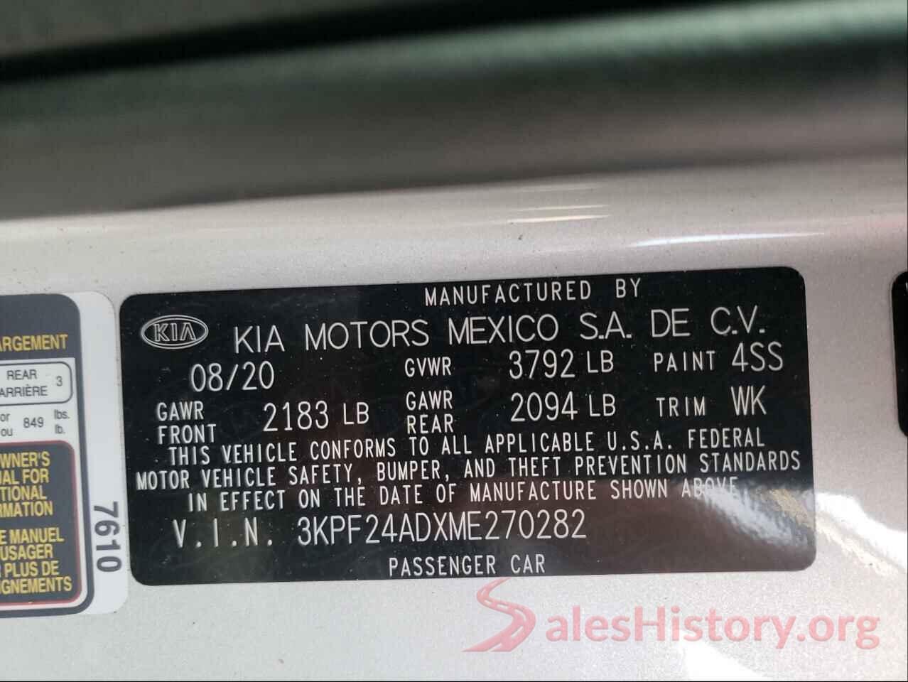 3KPF24ADXME270282 2021 KIA FORTE