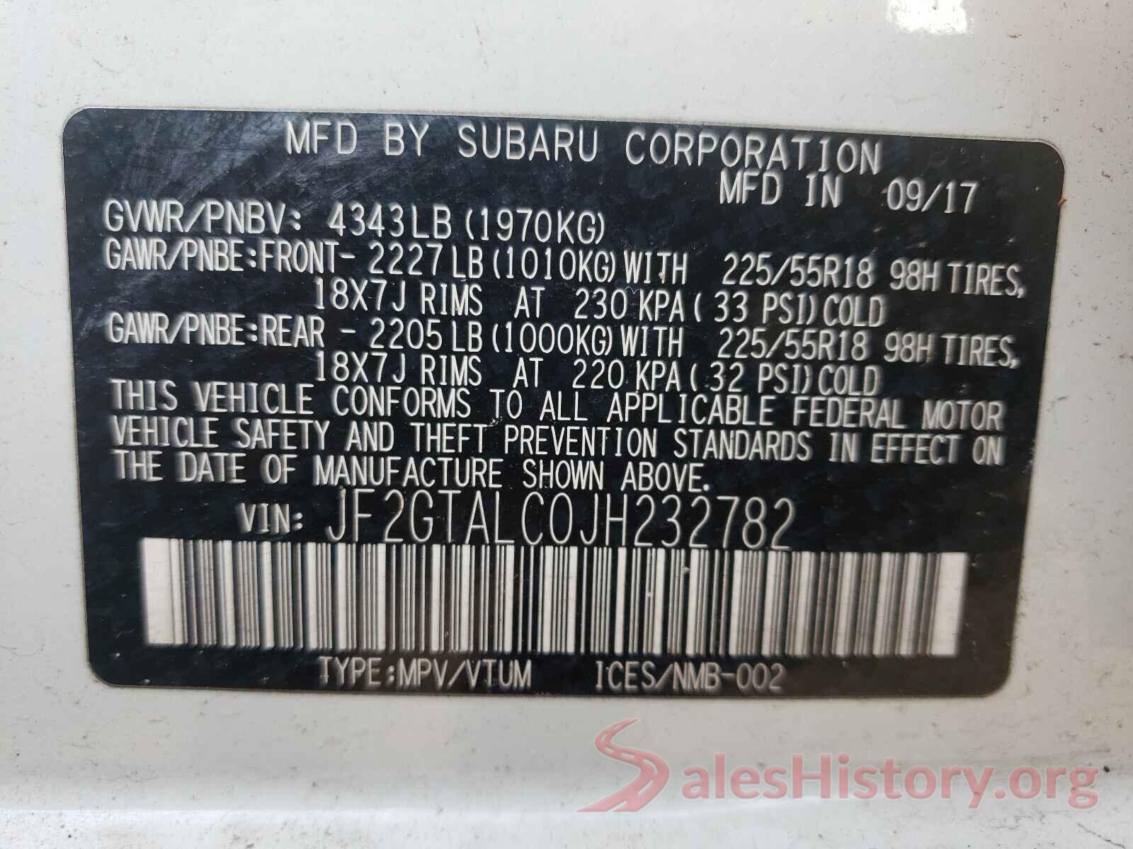 JF2GTALC0JH232782 2018 SUBARU CROSSTREK