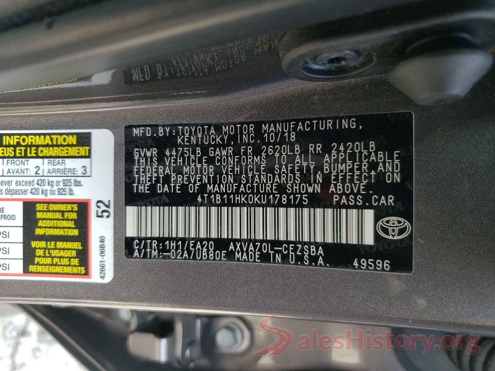 4T1B11HK0KU178175 2019 TOYOTA CAMRY