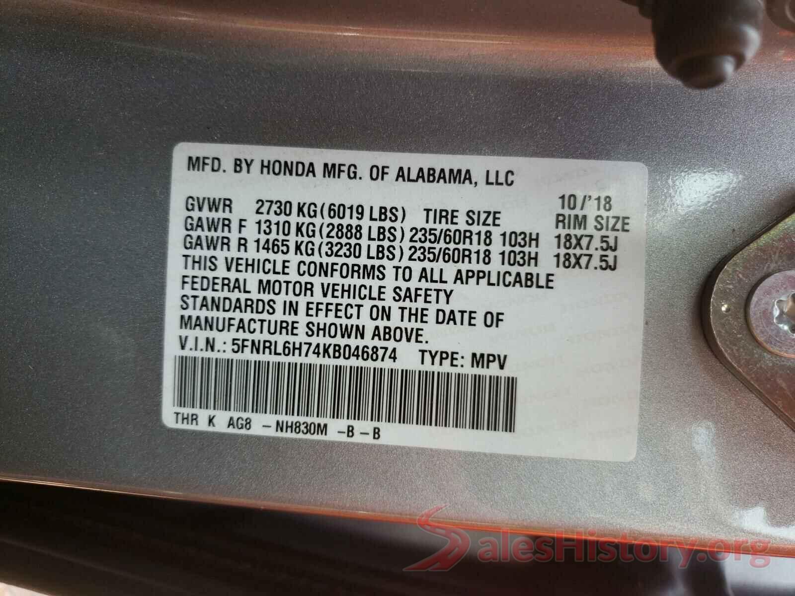 5FNRL6H74KB046874 2019 HONDA ODYSSEY