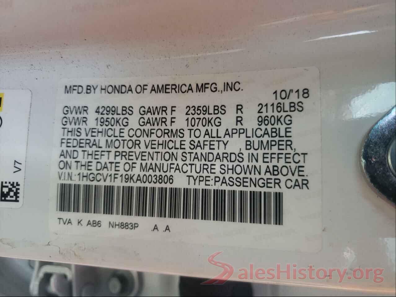 1HGCV1F19KA003806 2019 HONDA ACCORD