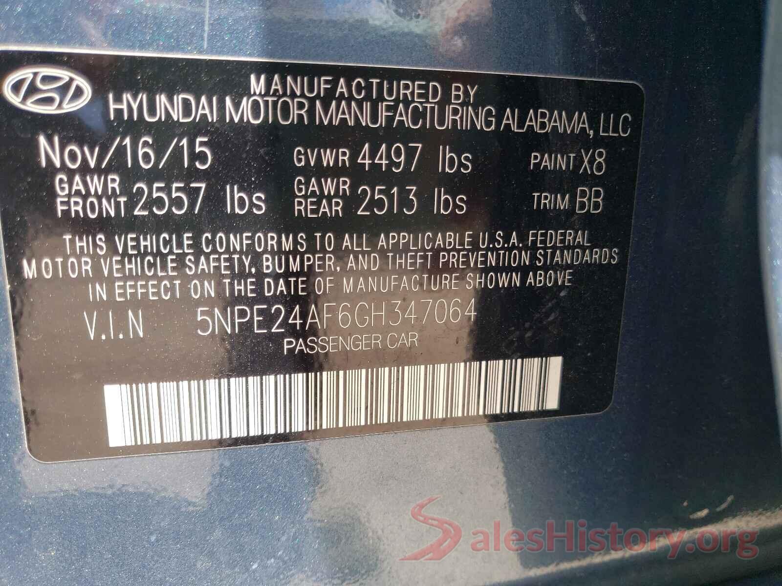 5NPE24AF6GH347064 2016 HYUNDAI SONATA