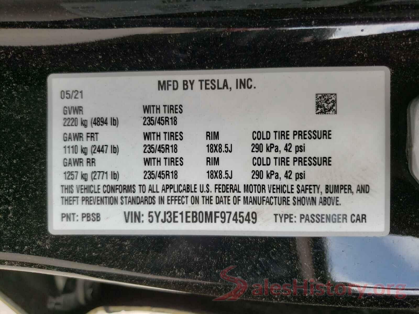 5YJ3E1EB0MF974549 2021 TESLA MODEL 3