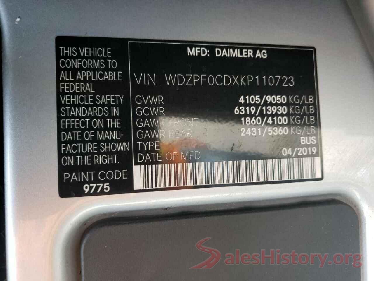 WDZPF0CDXKP110723 2019 MERCEDES-BENZ SPRINTER