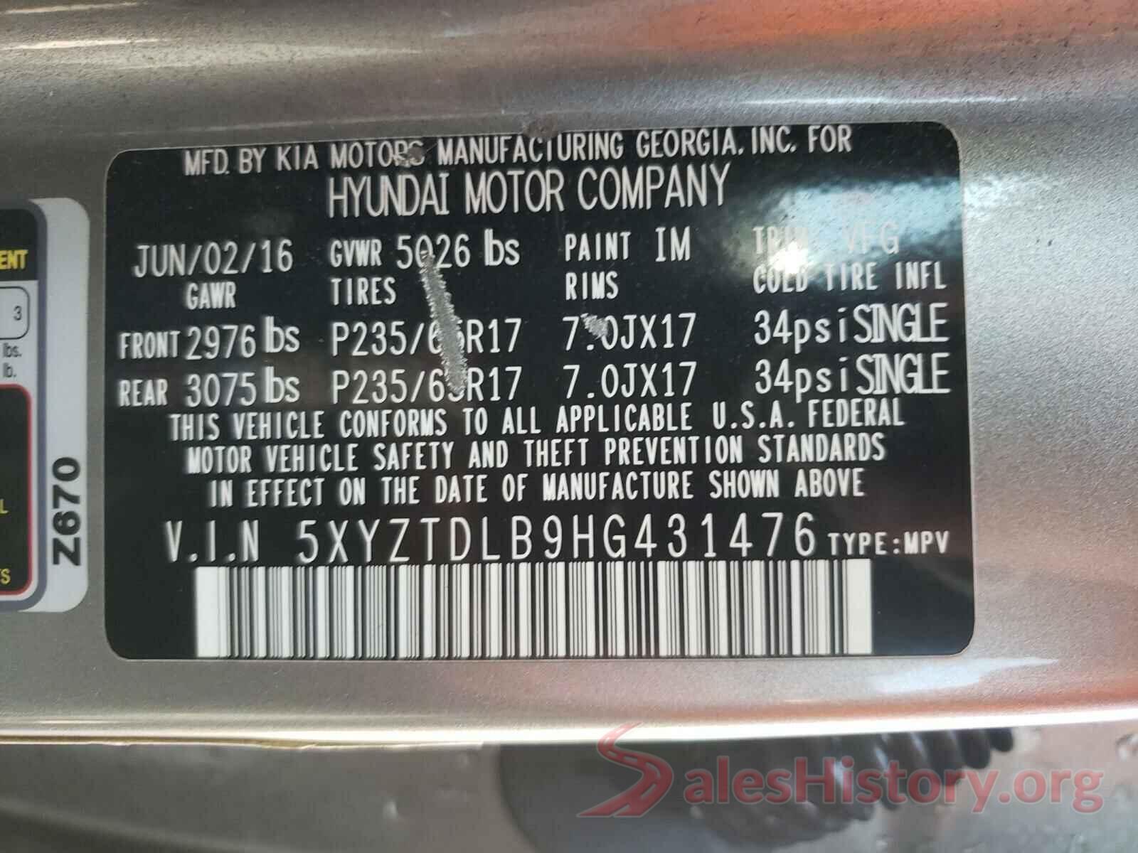 5XYZTDLB9HG431476 2017 HYUNDAI SANTA FE