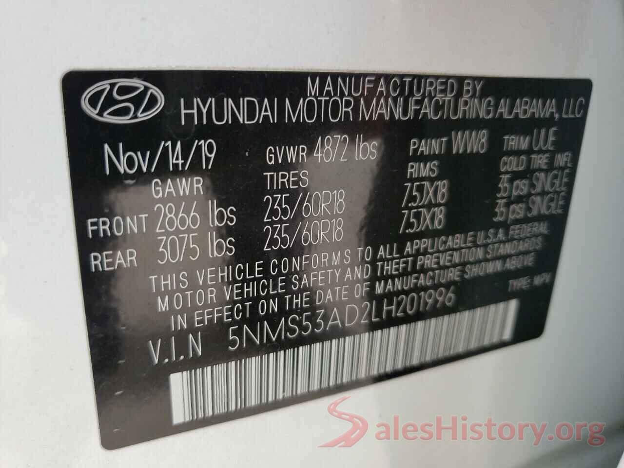 5NMS53AD2LH201996 2020 HYUNDAI SANTA FE