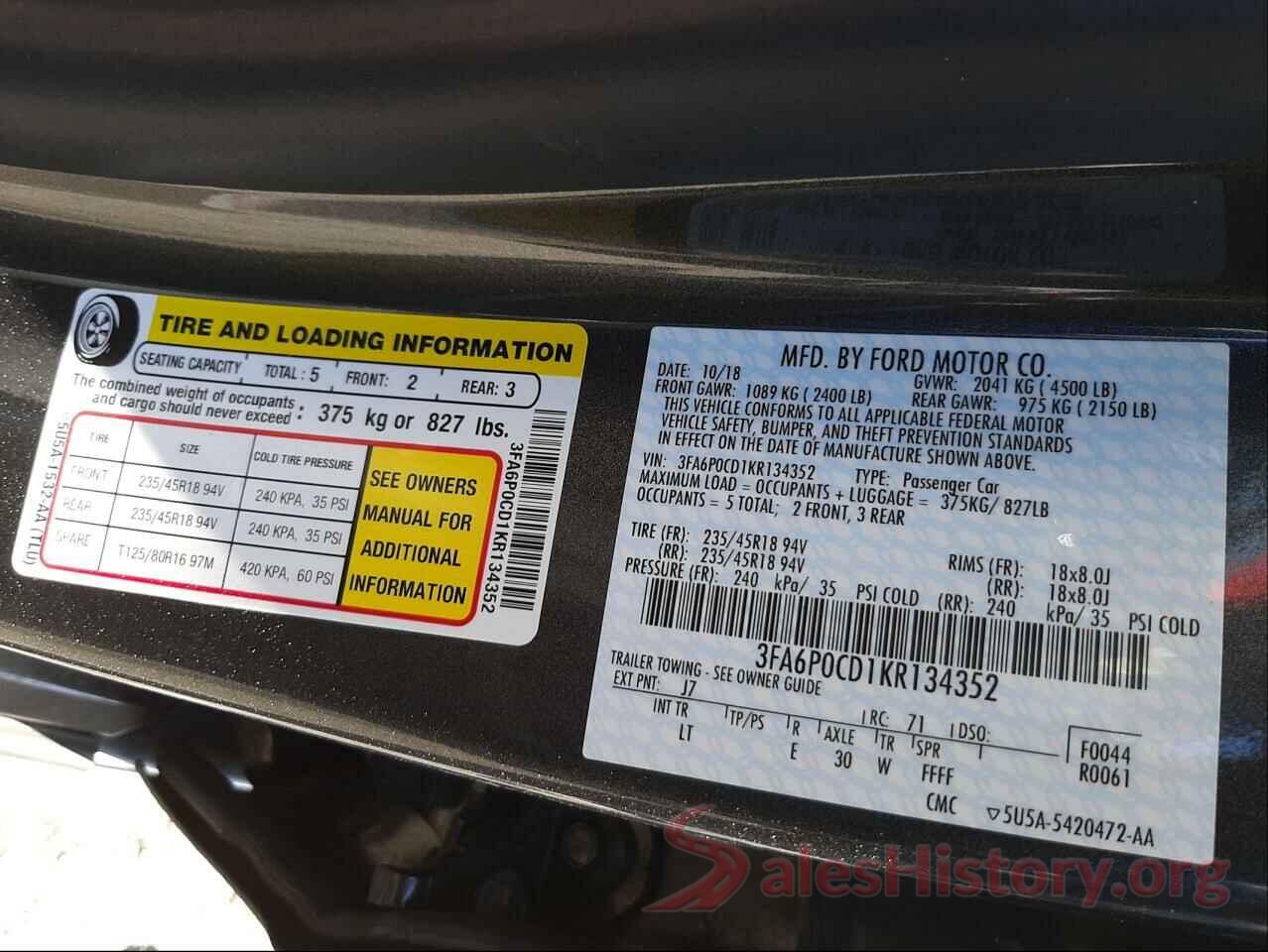 3FA6P0CD1KR134352 2019 FORD FUSION