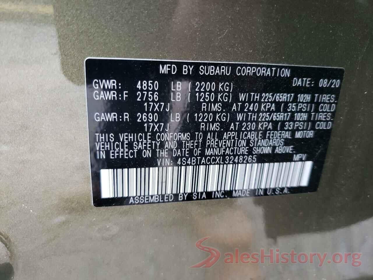 4S4BTACCXL3248265 2020 SUBARU OUTBACK