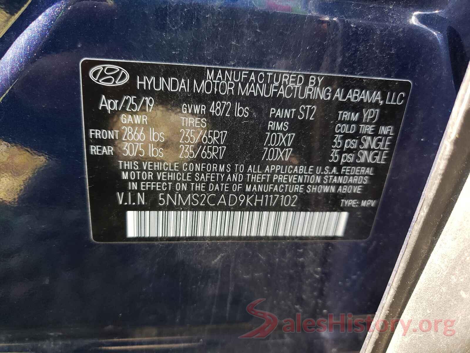 5NMS2CAD9KH117102 2019 HYUNDAI SANTA FE