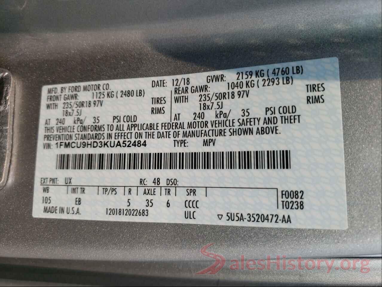 1FMCU9HD3KUA52484 2019 FORD ESCAPE