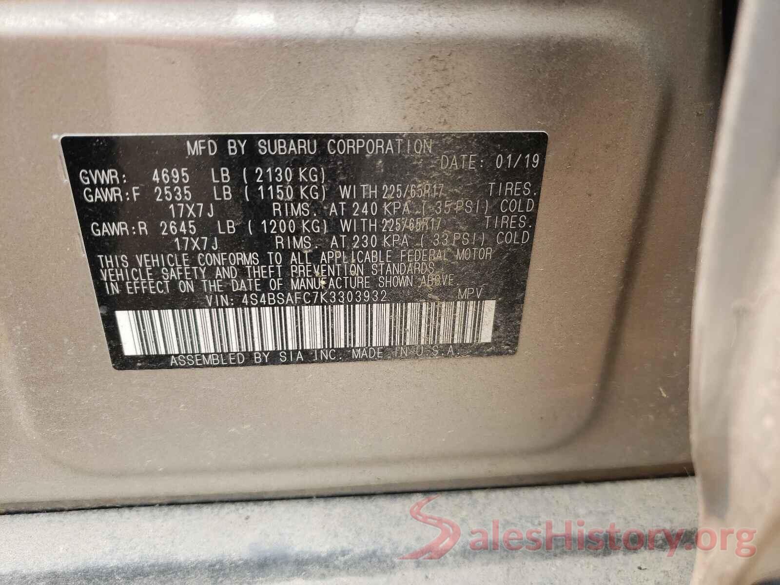 4S4BSAFC7K3303932 2019 SUBARU OUTBACK