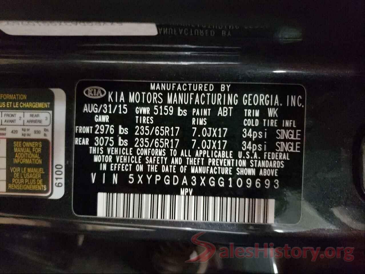 5XYPGDA3XGG109693 2016 KIA SORENTO