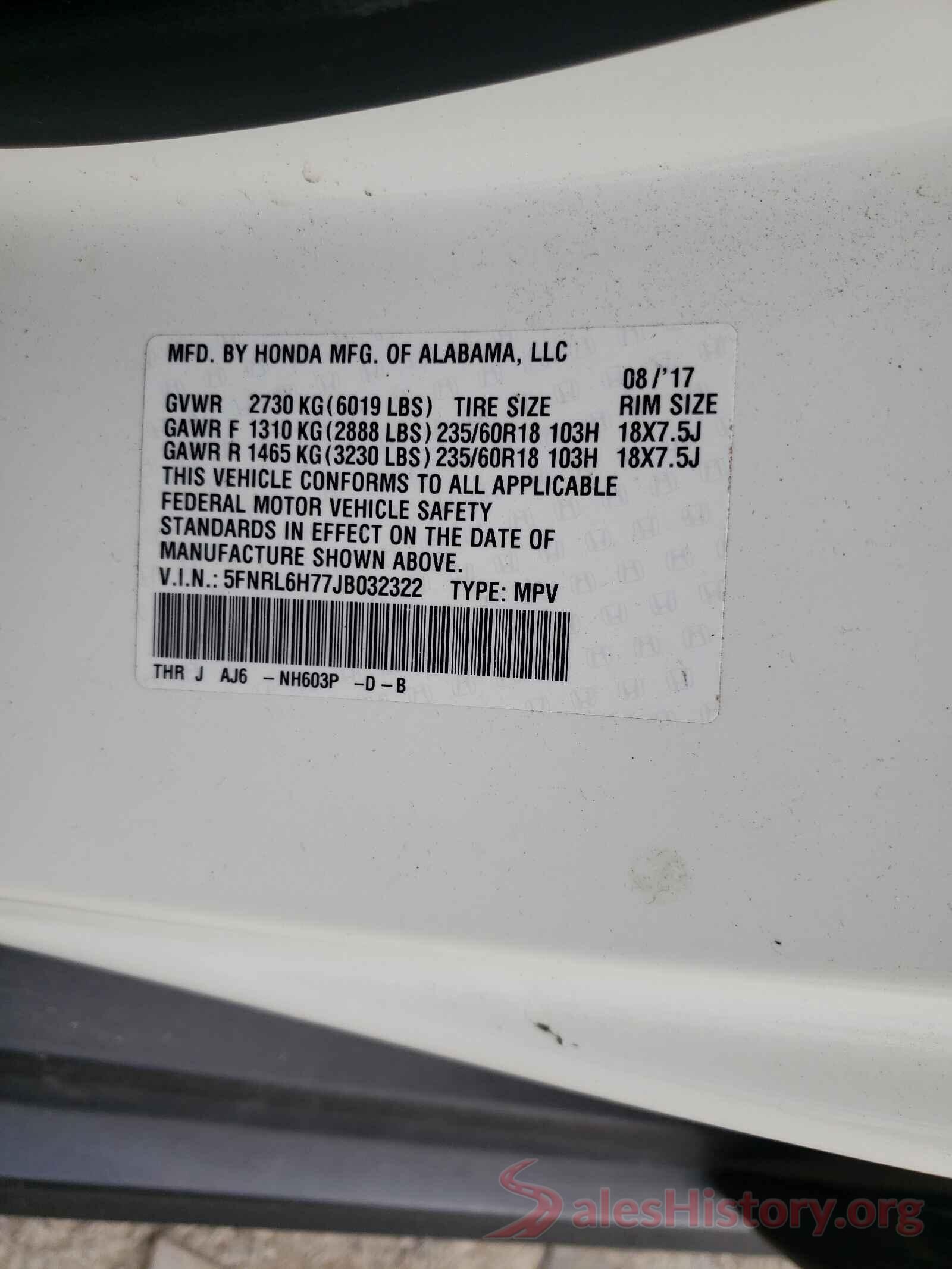 5FNRL6H77JB032322 2018 HONDA ODYSSEY