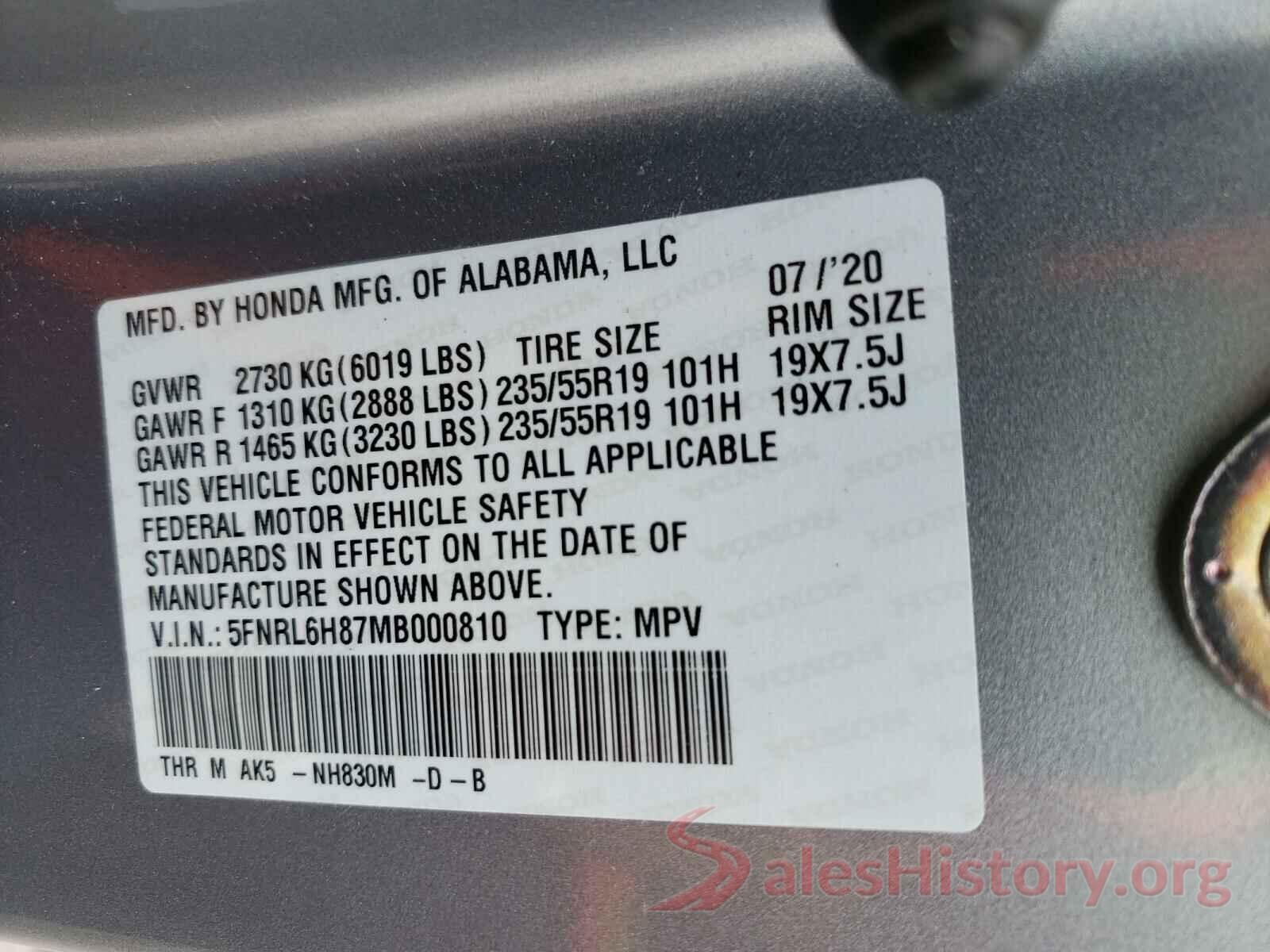 5FNRL6H87MB000810 2021 HONDA ODYSSEY