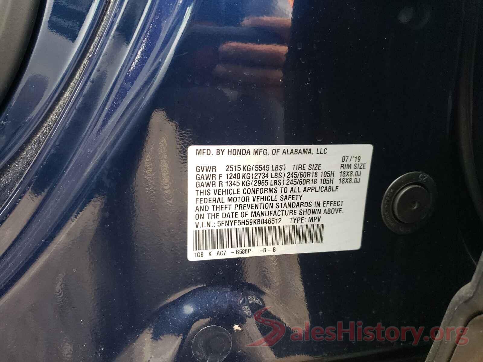 5FNYF5H59KB046512 2019 HONDA PILOT