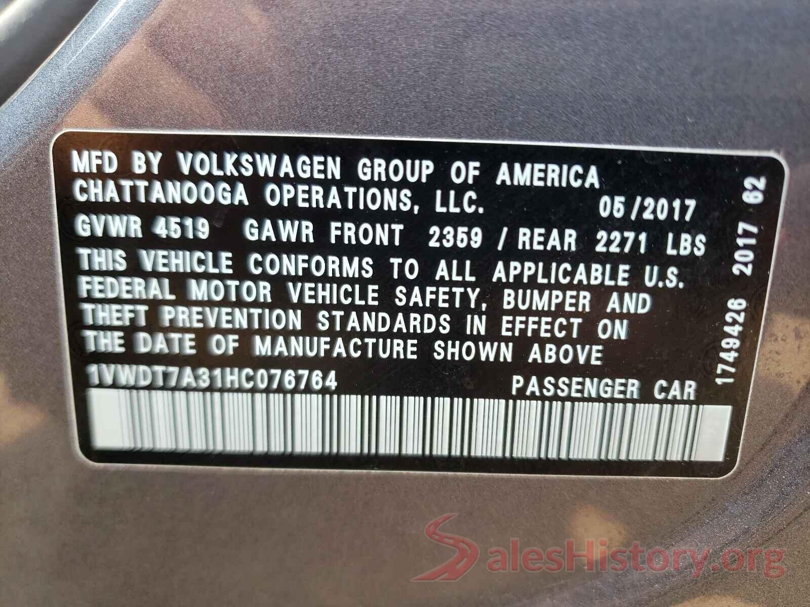 1VWDT7A31HC076764 2017 VOLKSWAGEN PASSAT