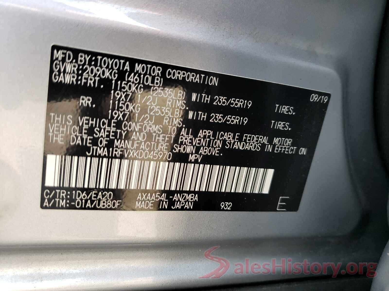 JTMA1RFVXKD045970 2019 TOYOTA RAV4