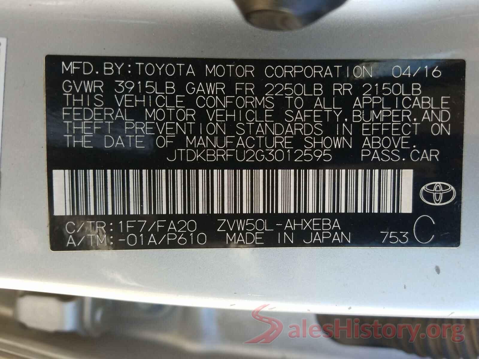 JTDKBRFU2G3012595 2016 TOYOTA PRIUS