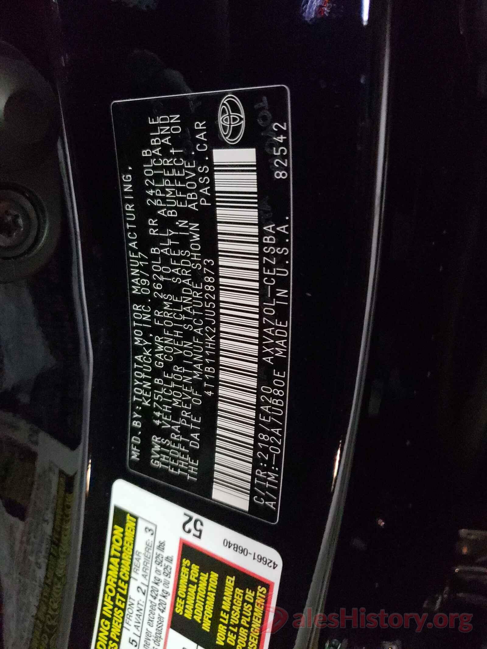 4T1B11HK2JU528873 2018 TOYOTA CAMRY