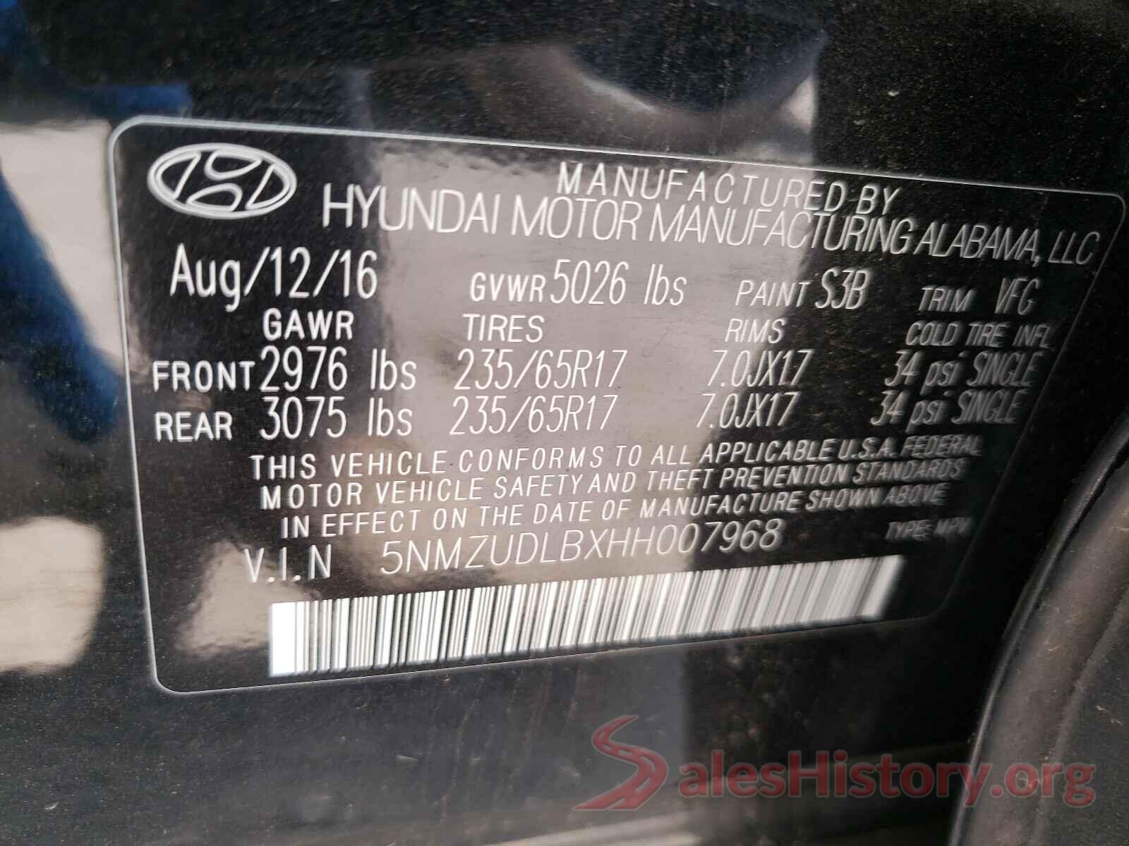 5NMZUDLBXHH007968 2017 HYUNDAI SANTA FE