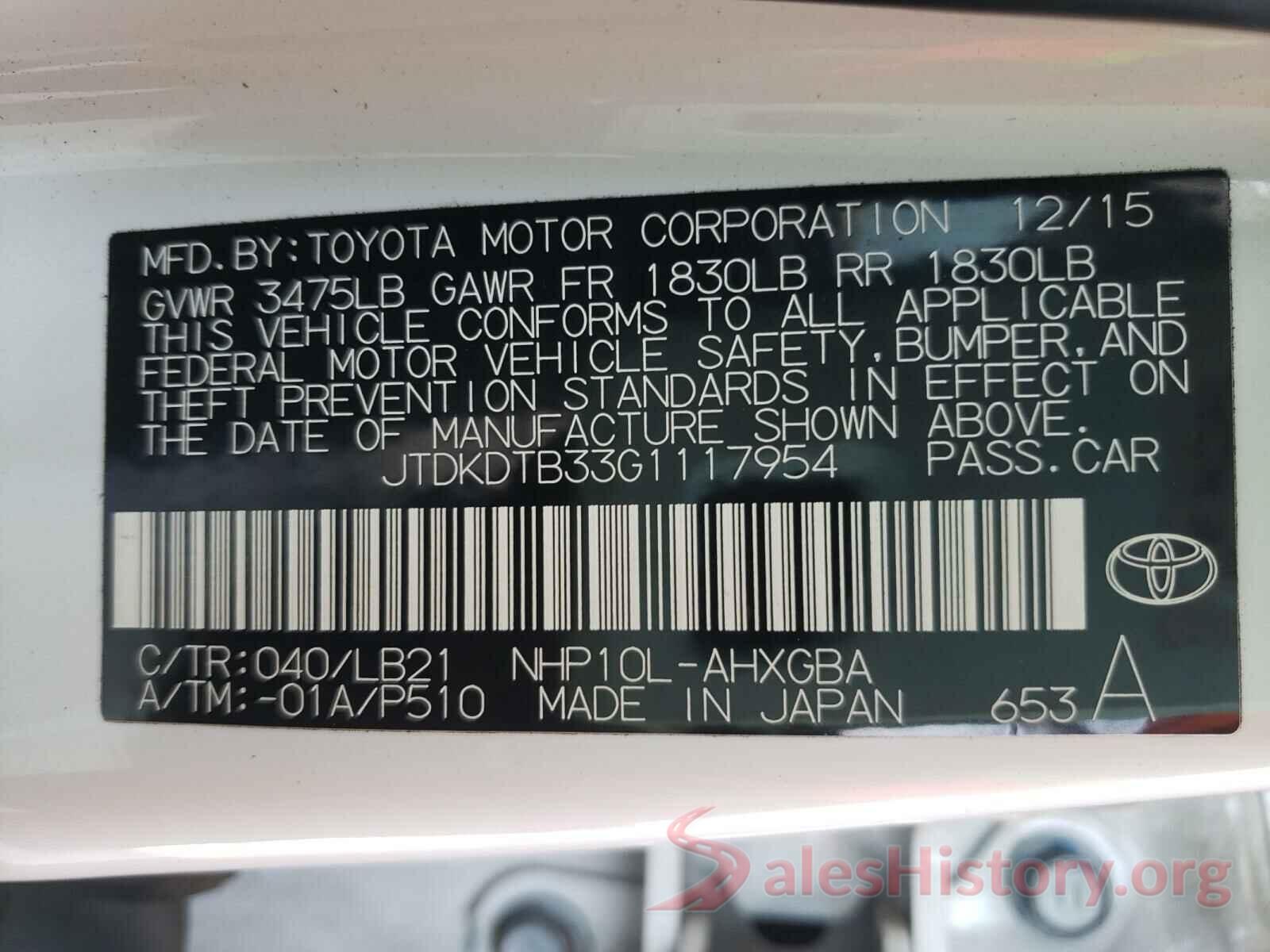 JTDKDTB33G1117954 2016 TOYOTA PRIUS