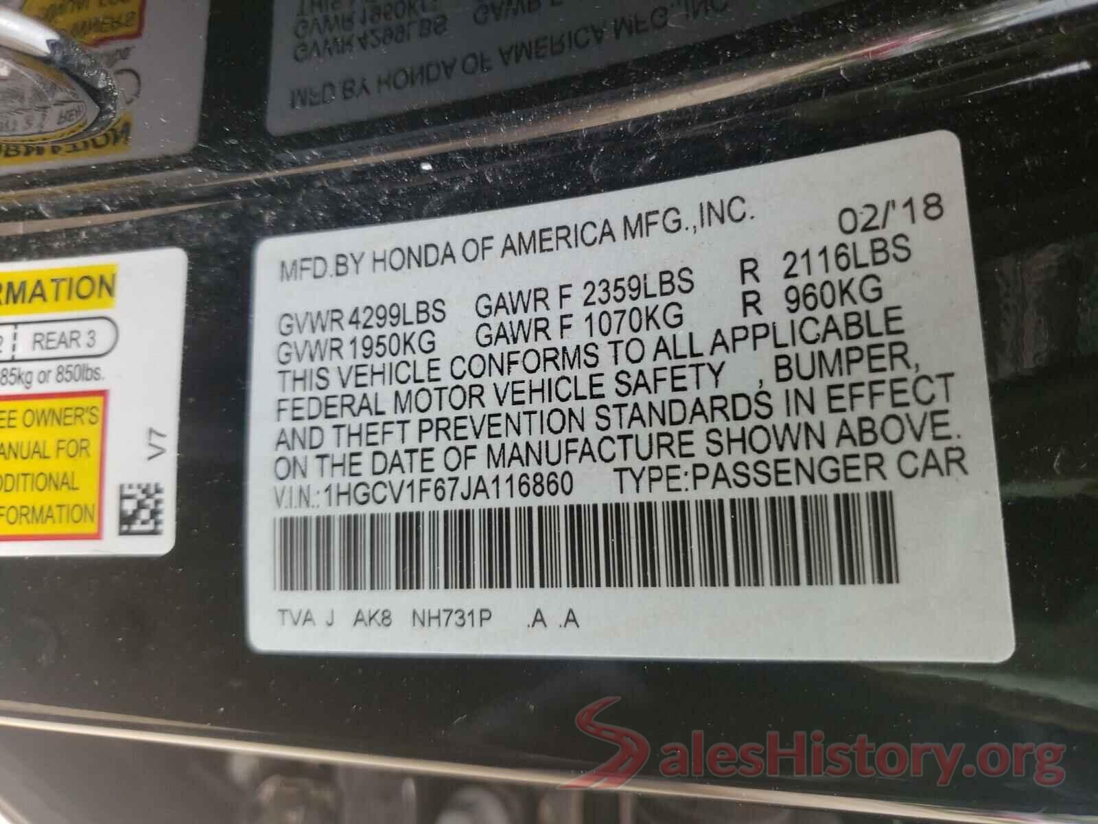 1HGCV1F67JA116860 2018 HONDA ACCORD