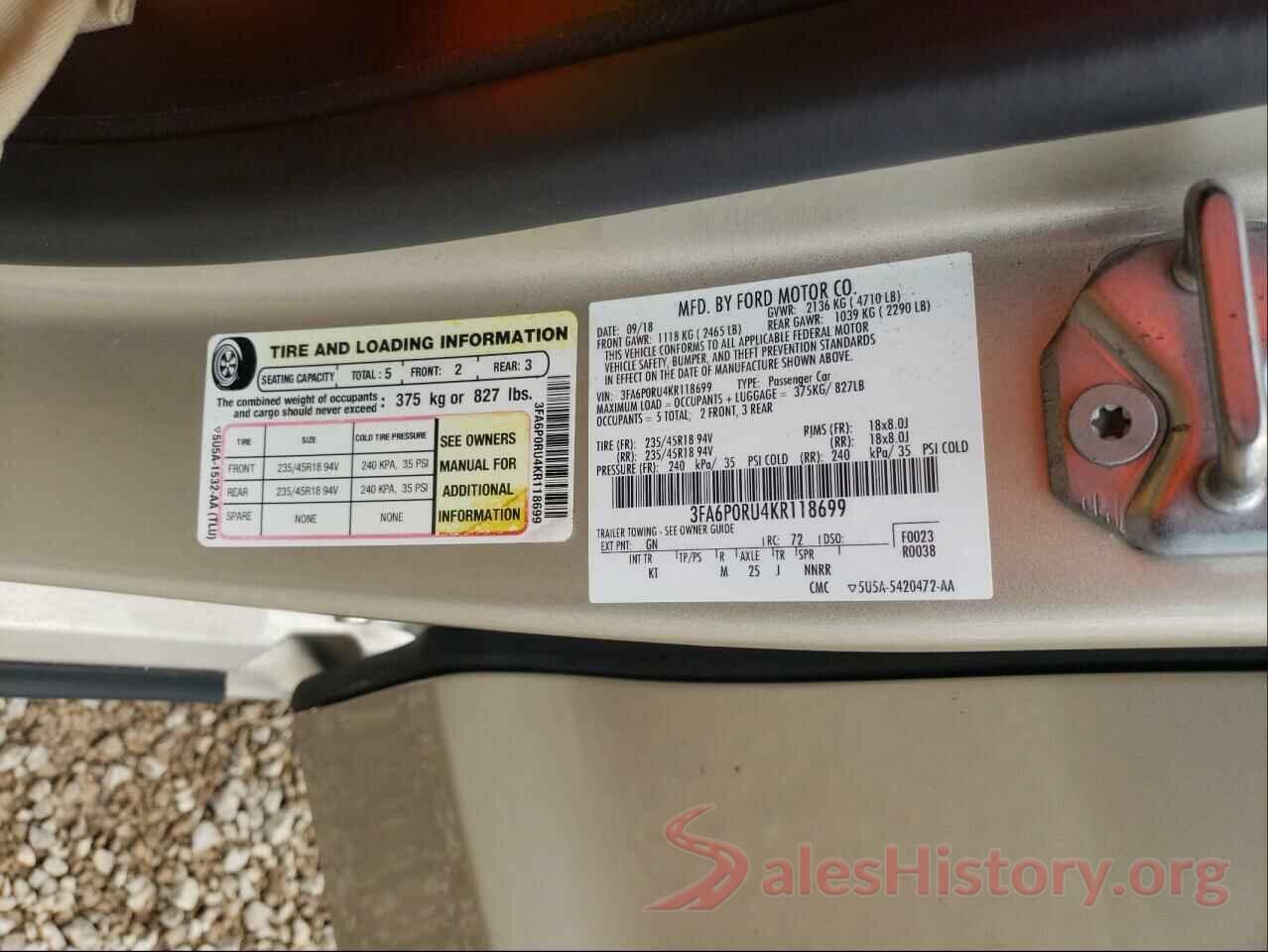 3FA6P0RU4KR118699 2019 FORD FUSION