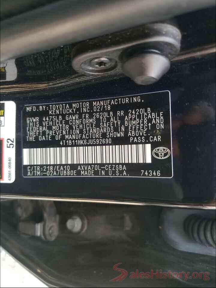 4T1B11HK6JU592690 2018 TOYOTA CAMRY