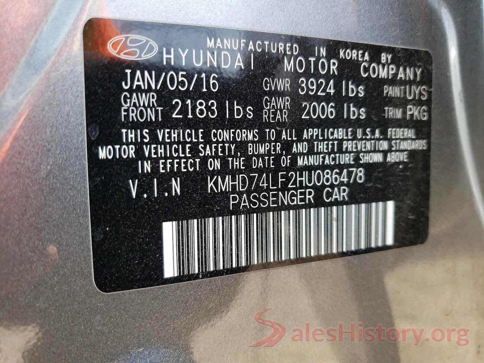 KMHD74LF2HU086478 2017 HYUNDAI ELANTRA