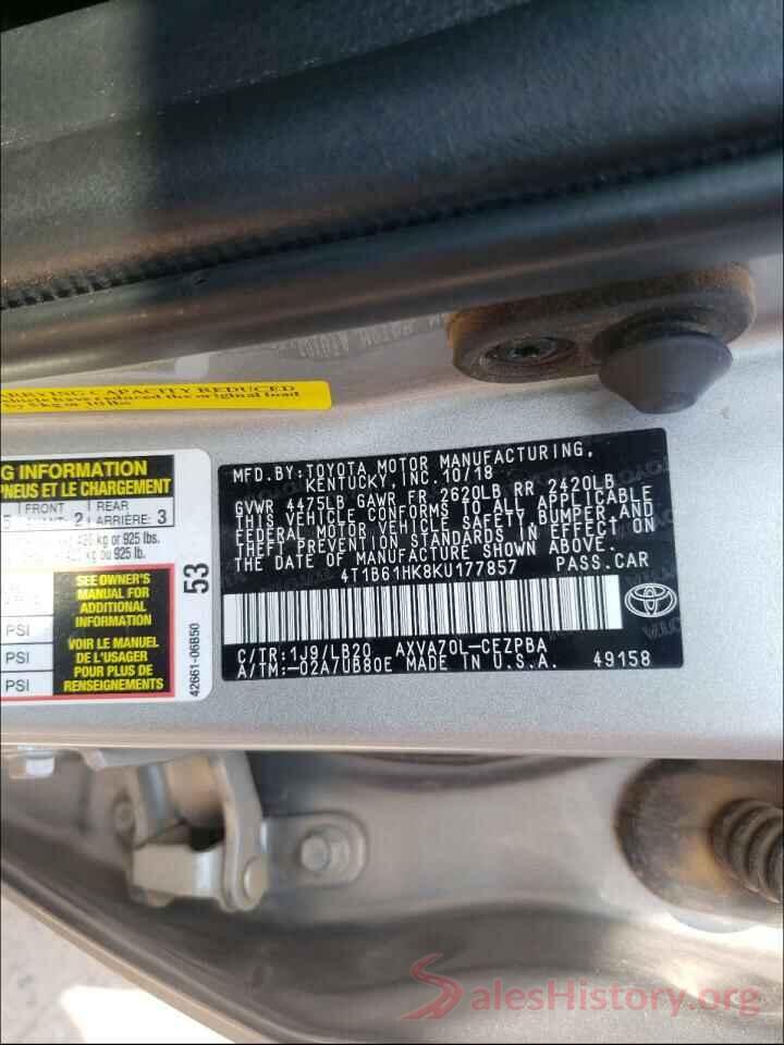 4T1B61HK8KU177857 2019 TOYOTA CAMRY