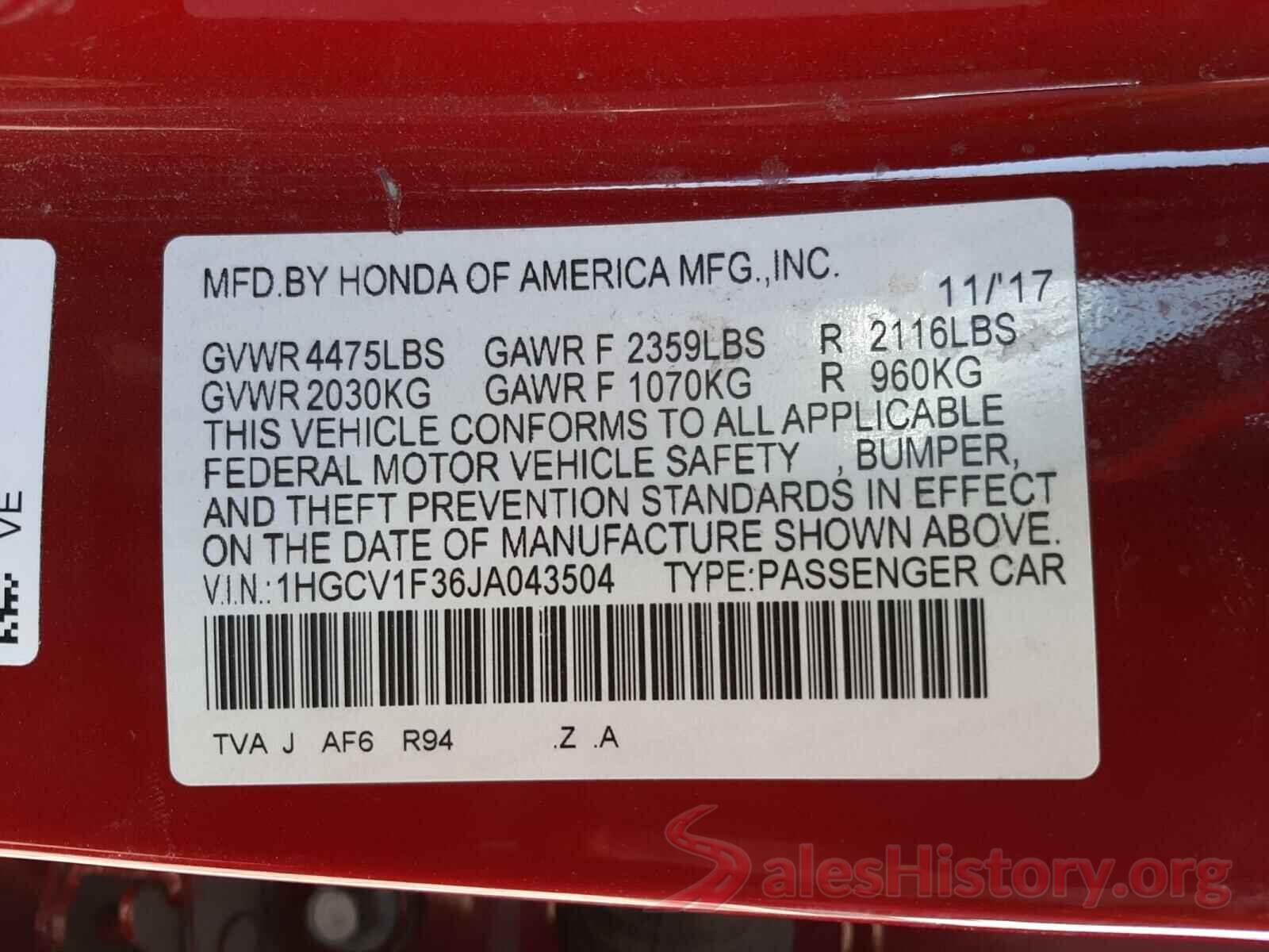 1HGCV1F36JA043504 2018 HONDA ACCORD