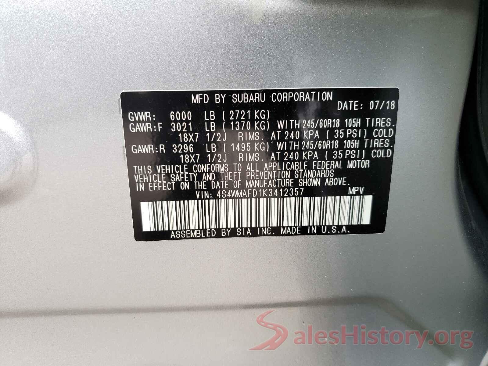 4S4WMAFD1K3412357 2019 SUBARU ASCENT