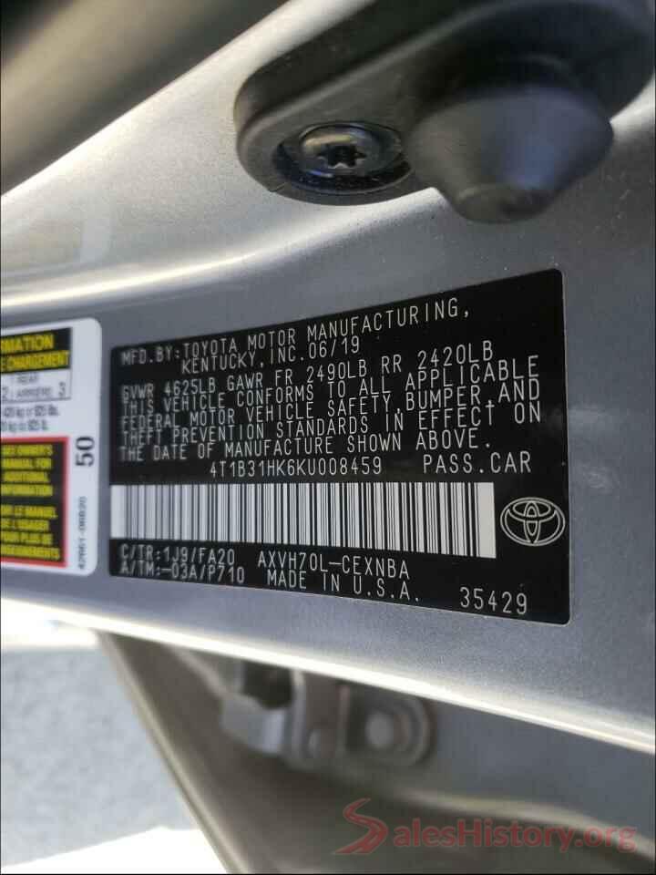 4T1B31HK6KU008459 2019 TOYOTA CAMRY