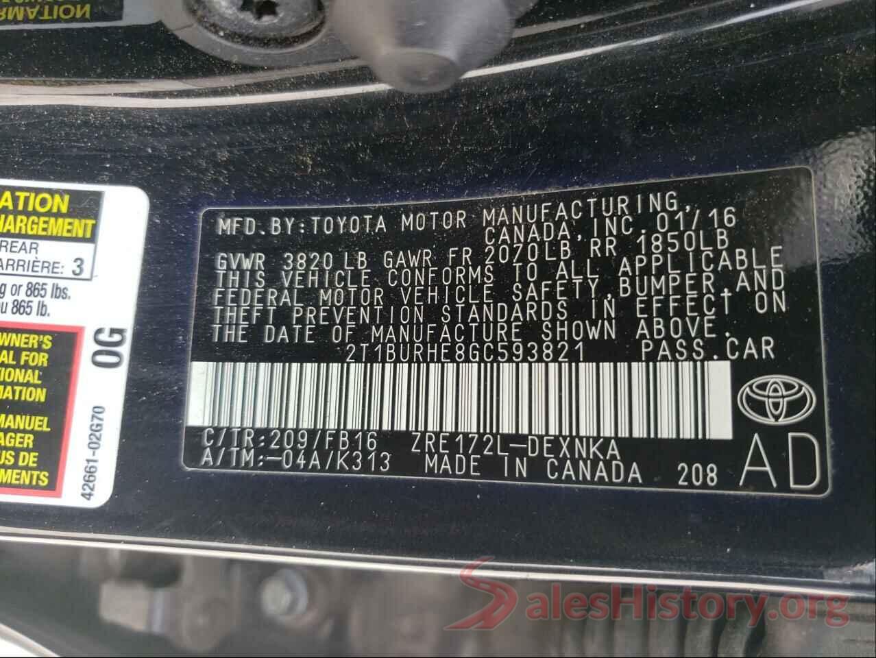 2T1BURHE8GC593821 2016 TOYOTA COROLLA