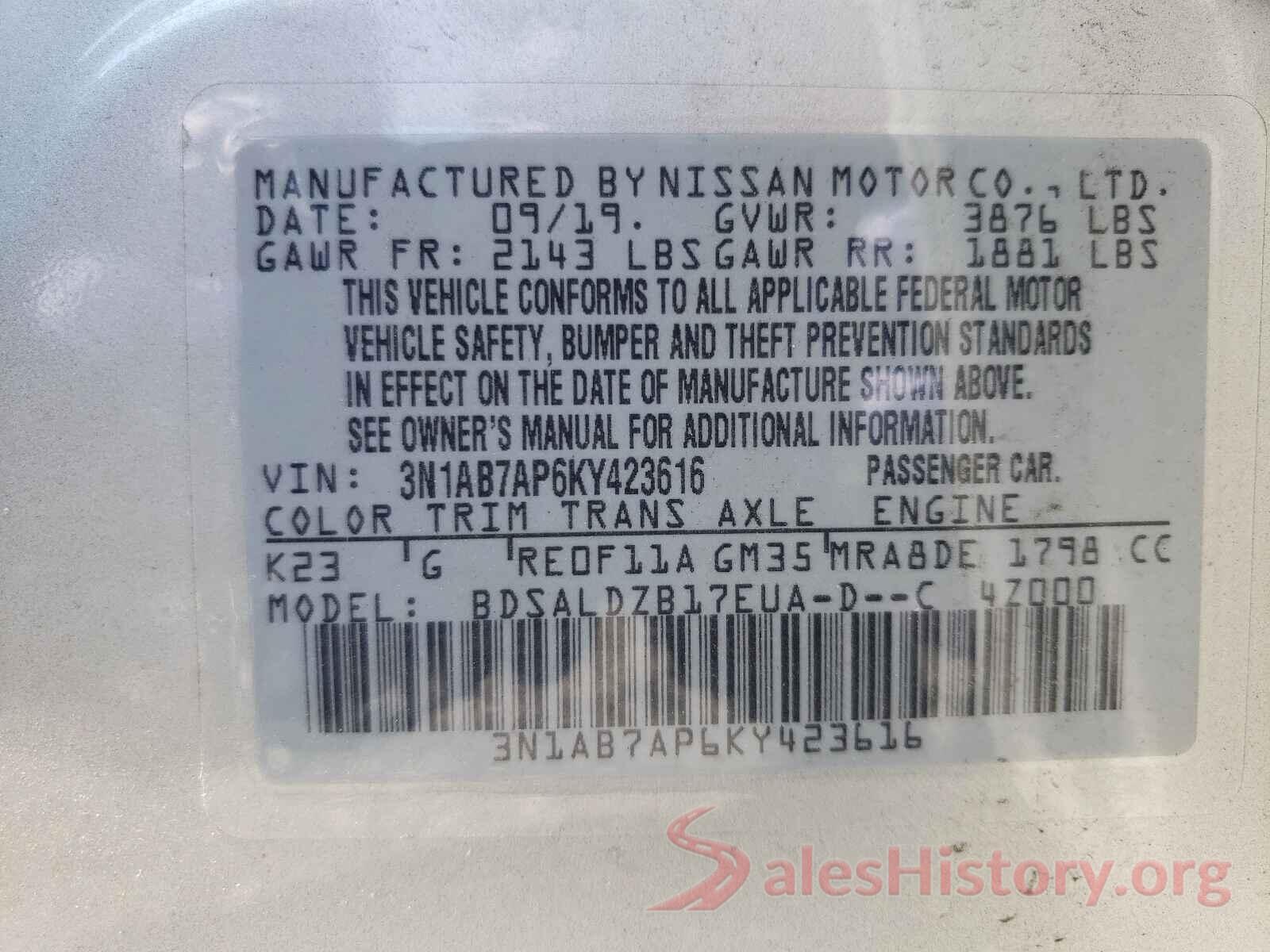 3N1AB7AP6KY423616 2019 NISSAN SENTRA