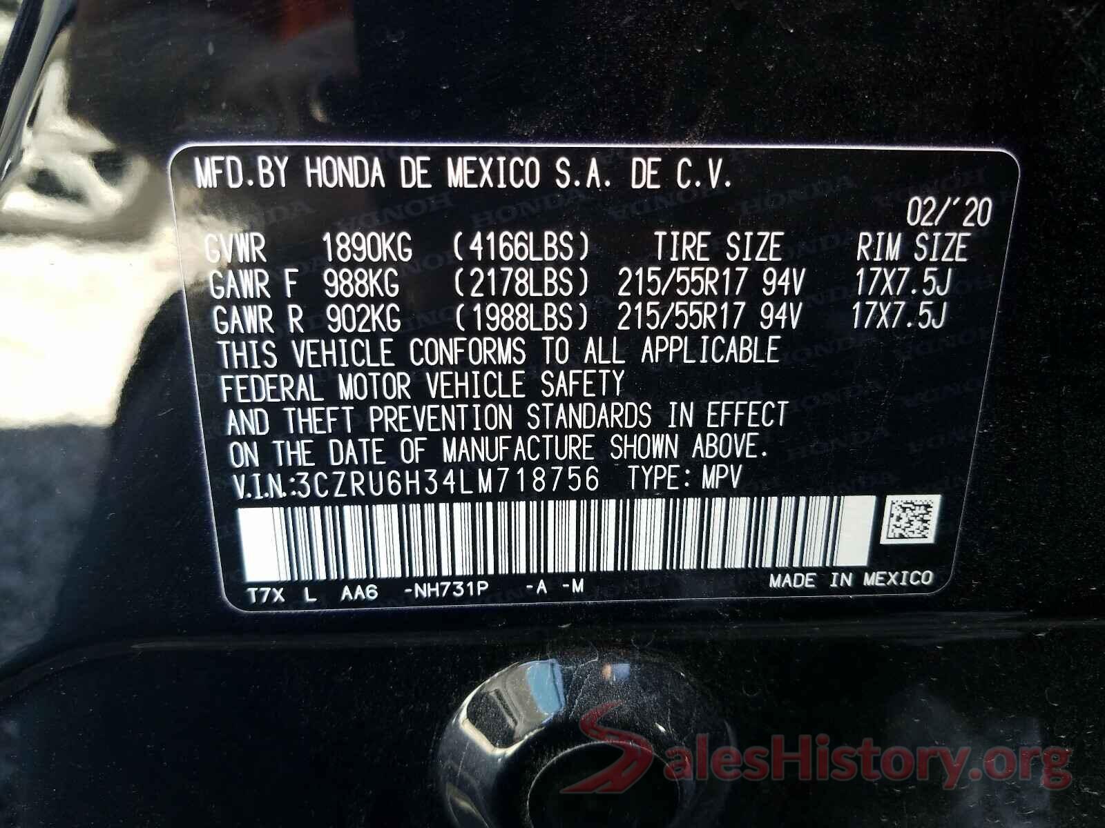 3CZRU6H34LM718756 2020 HONDA HR-V