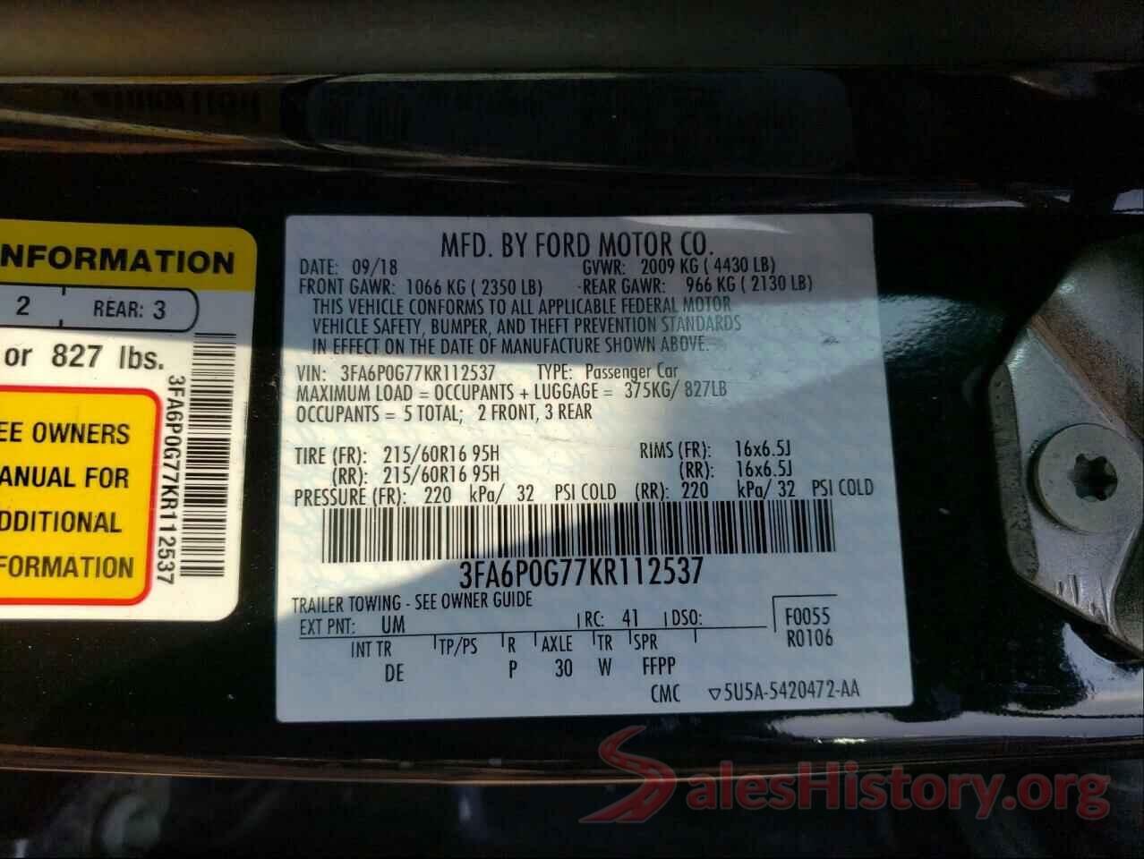 3FA6P0G77KR112537 2019 FORD FUSION